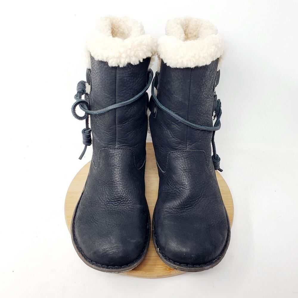 UGG Akadia Boots Women 9 Black Nubuck‎ Leather Shearling Wrap Tie Winter Shoes - Picture 4 of 13